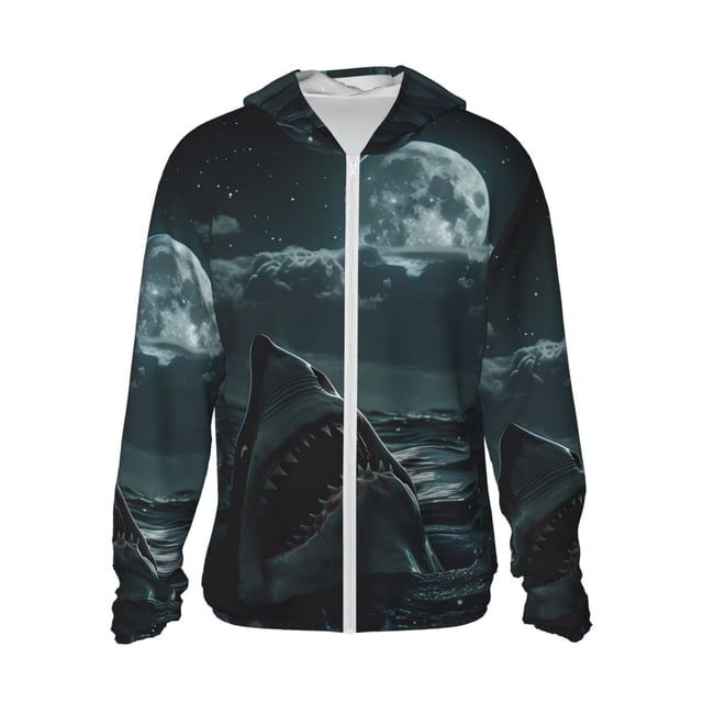 Balery Moonlit Night Sky Shark Sudadera ligera de manga larga con capucha y protección solar UPF 50+ para hombre y mujer, ideal para pesca y running-Small