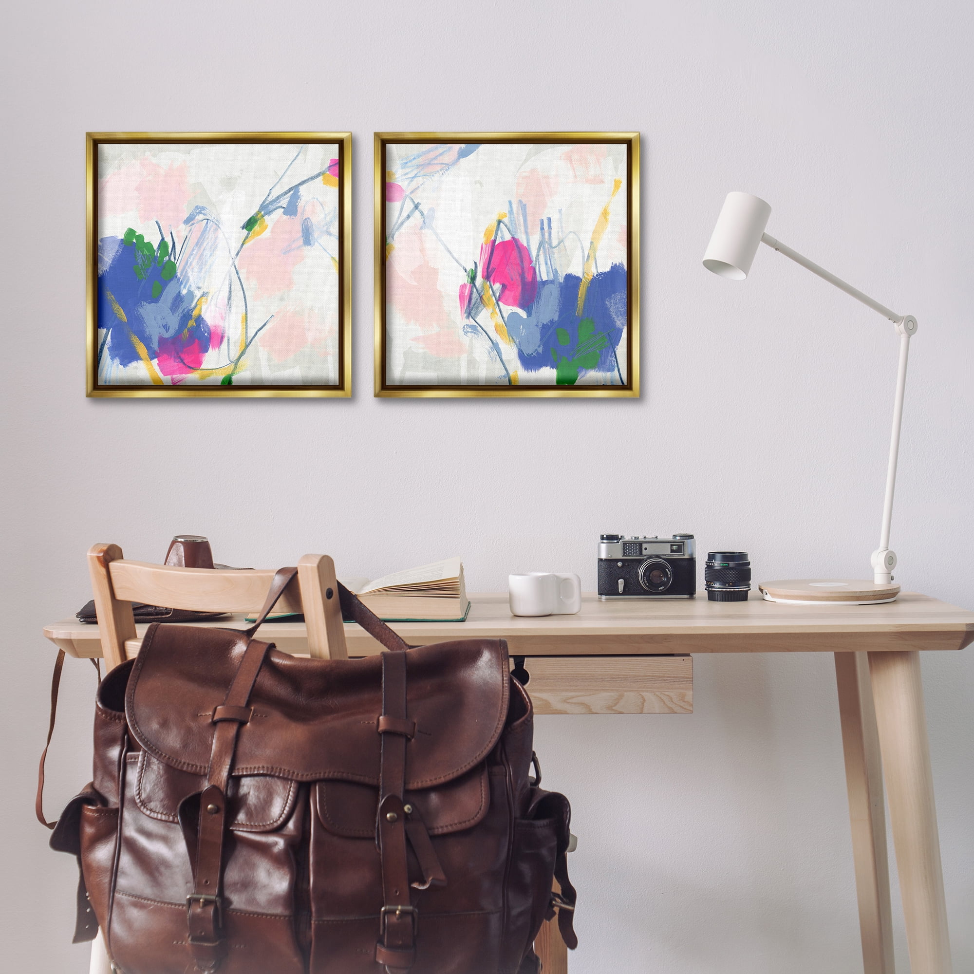 Stupell Industries Pink Blue Pop Abstract Abstract Painting Gold Floater Framed Canvas Art Print Wall Art, 18 x 18, Set of 2