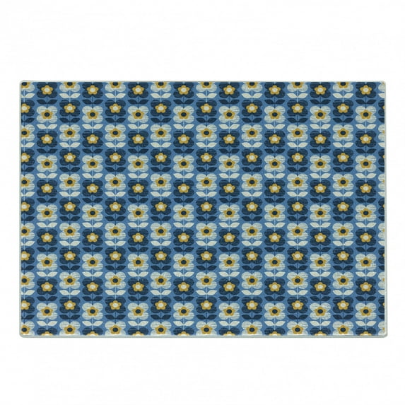 Yellow and Blue Cutting Board, Simplistic Flower Silhouettes Botanical Thriving Garden with Grunge Effects, Decorative Tempered Glass Cutting and Serving Board, Small Size, Multicolor, by Ambesonne