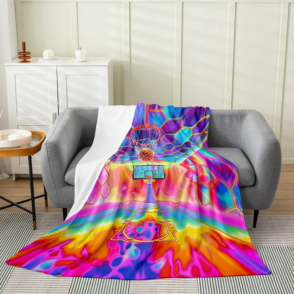 Neon Basketball Throw 50X60 Blanket, Colorful Pink Blue Tie Dye Throw Blanket, Honeycomb Sports Theme Fleece Blanket, Bed Blanket For Dorm Bedroom Living Room