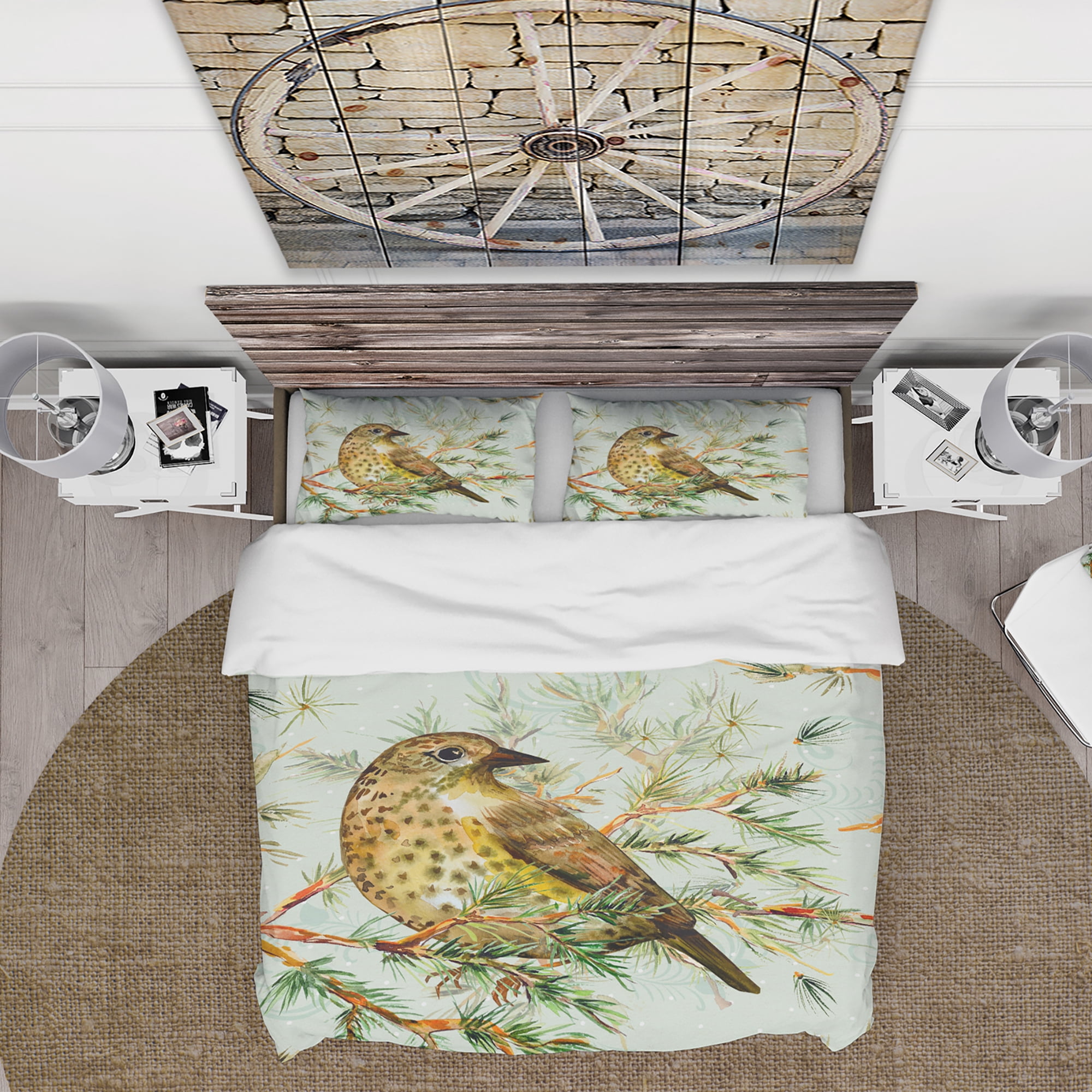 Designart 'Small Cute Bird on Pine Branch' Animals Duvet Cover Set