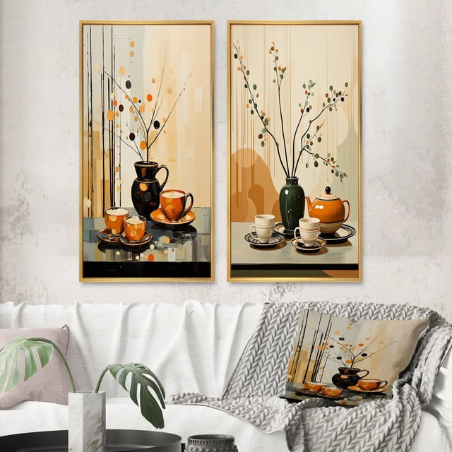 Designart "Cafe Points Coffee Tea painting II" Coffee & Tea Framed Wall Art Set Of 2 - Multi-Color Food & Beverage Framed Canvas Set For Living Room Decor