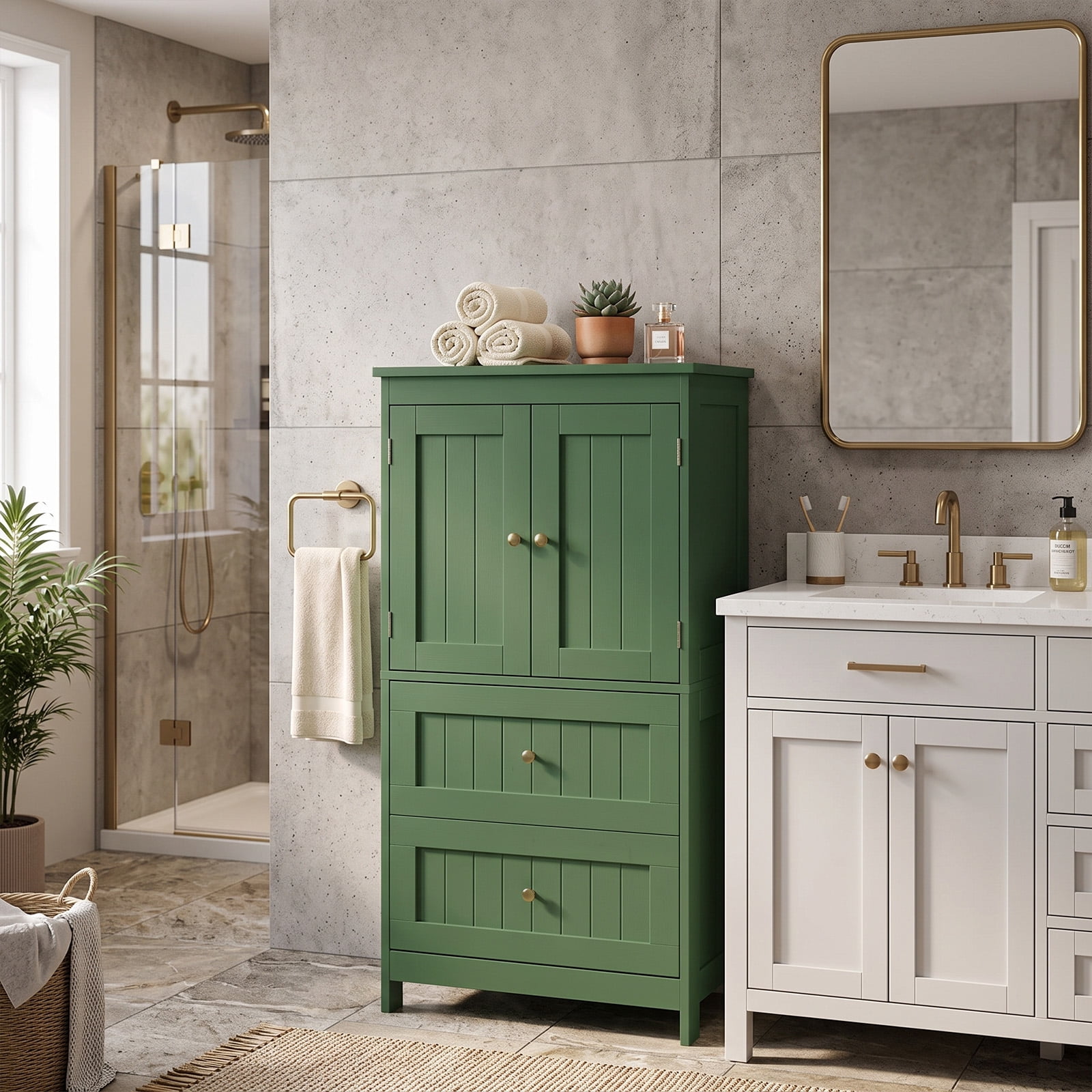 2-Drawer 2-Cabinet-Door Vertical-Grain MDF Painted Bathroom Cabinet 23.62x11.81x43.31in Green