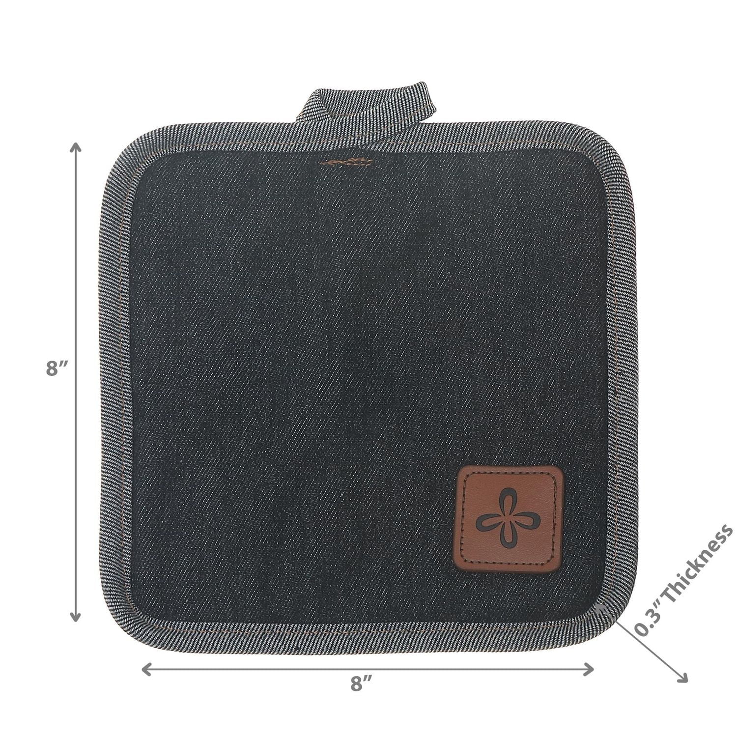 Black Denim Pot Holder With Leather Badge - Set of 4