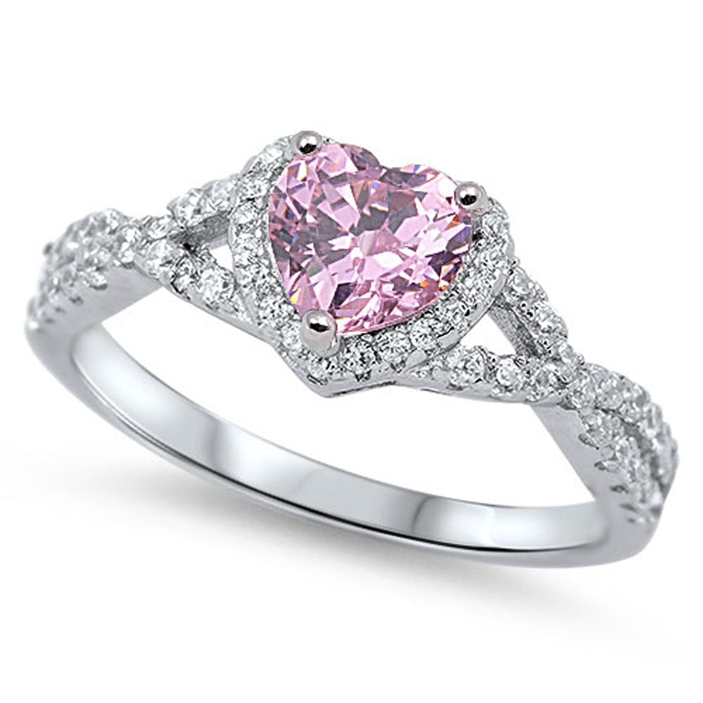Pink Heart Shaped Promise Ring 925 Sterling Silver With CZ Band Sizes 3-13