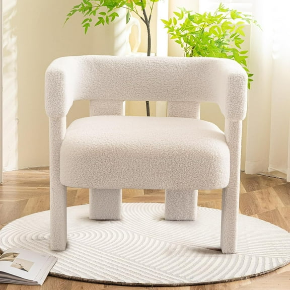 Accent Chair Sherpa Chair Upholstered Boucle Modern White Fluffy Chair Comfy Teddy Armchair Comfortable Reading Chair for Living Room Bedroom Office