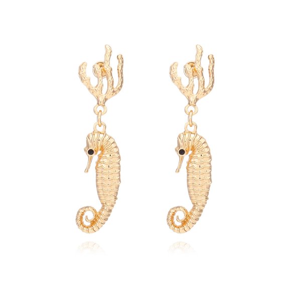 QDDollarsFun Gold Seahorse Fish Earrings, Ocean Coral Seahorse Dangle Earrings for Women, Bohemian Beach Seahorse Vacation Earrings for Ladies, Animal Seahorse Statement Earrings