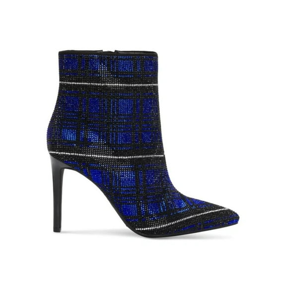 INC Womens Navy Plaid Slip Resistant Rhinestone Reisa Pointed Toe Stiletto Zip-Up Dress Booties 5 M