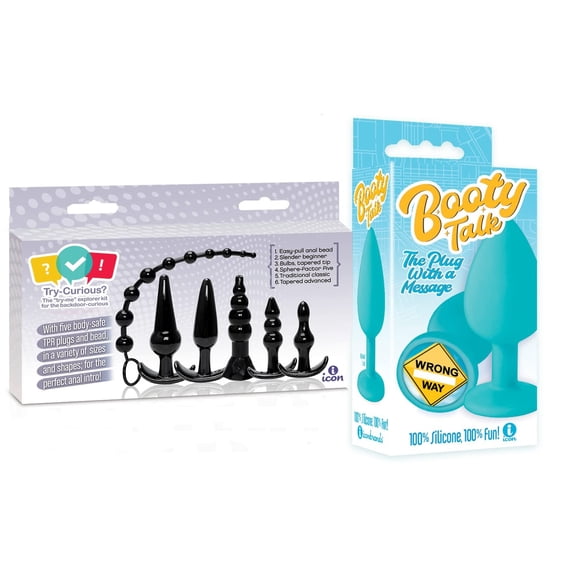 Sex toy Gift Set bundle of Try-Curious Anal Plug 6 Piece Kit Black And Icon Brands Booty Talk, Silicone Butt Plug, Blue, Wrong Way
