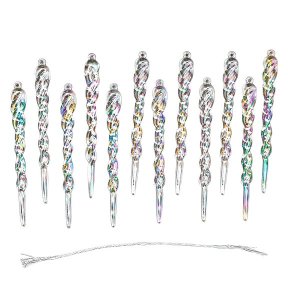 12 Pack Acrylic Icicle Christmas Ornaments, Twisted Hanging Tree Decorations with Iridescent Finish for Holiday Home Decor
