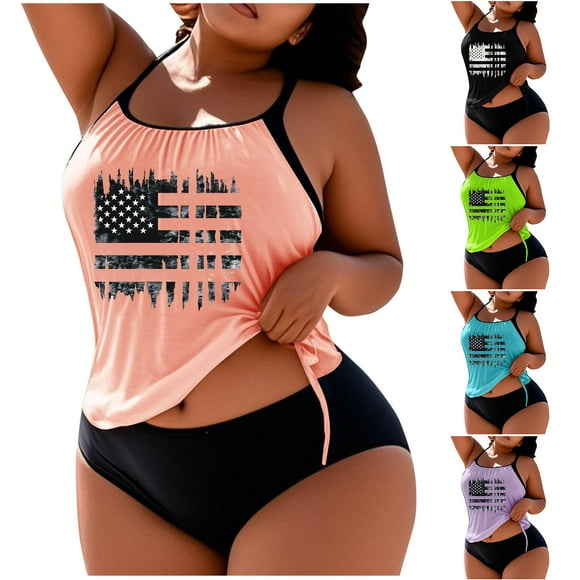 Eiyaclvo Plus Size Tankini Swimsuit for Women Modest Tummy Control Bathing Suit American Flag Print Tankini Top and Bikini Shorts