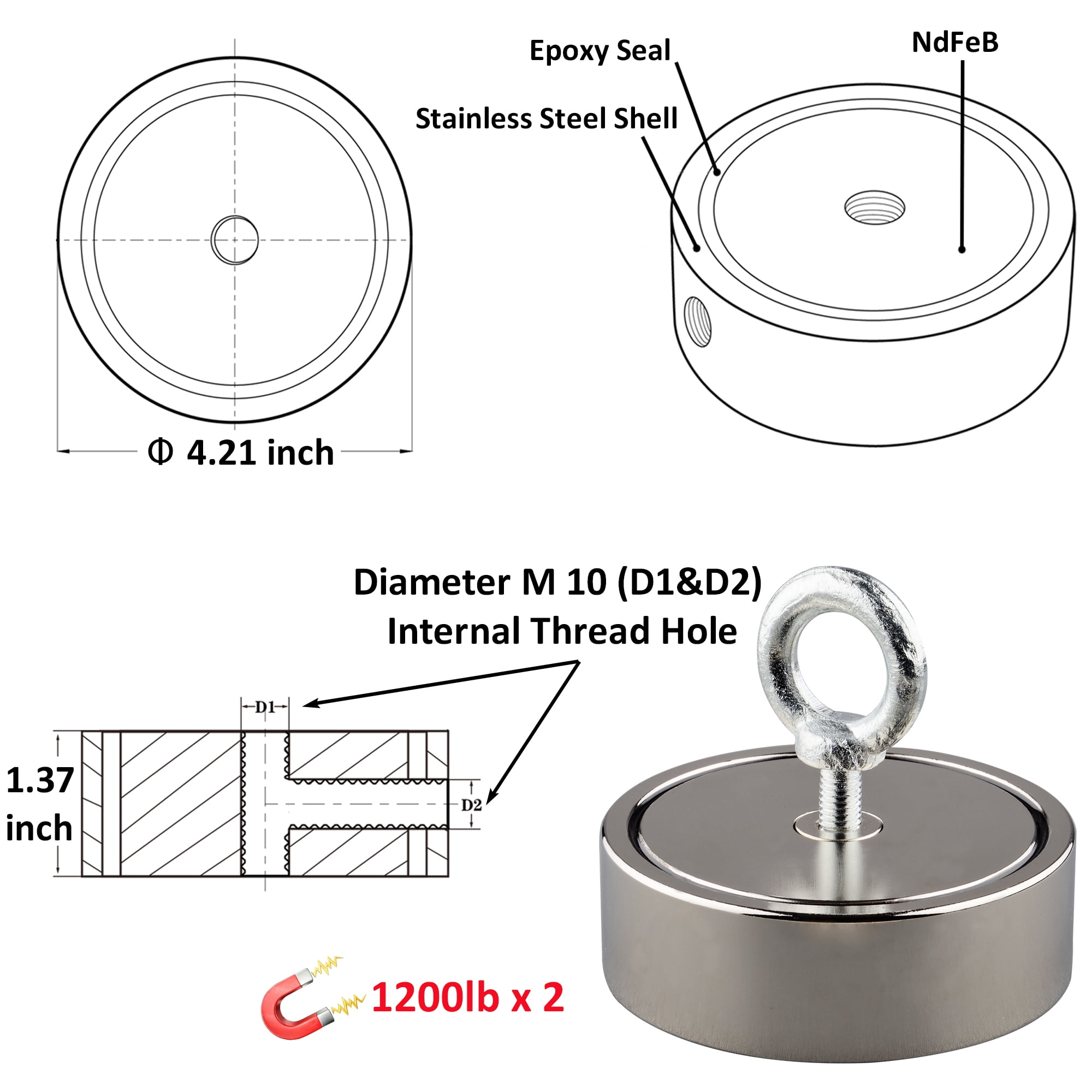 MUTUACTOR 2400LB Neodymium Steel 2400 lbs Max Weight, Double-Sided Lifting Magnet