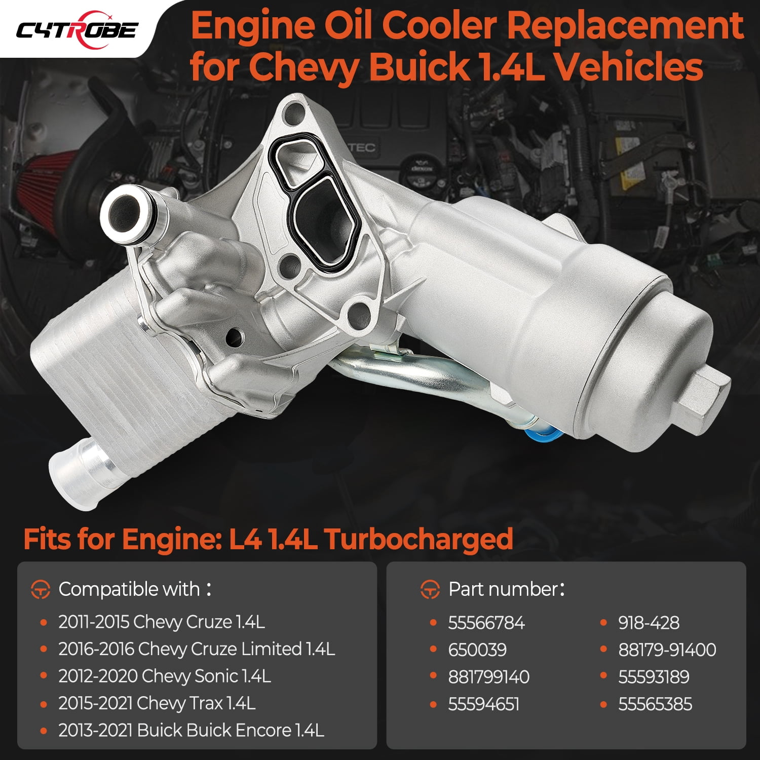 Engine Oil Cooler Filter Housing Assembly Adapter with Gasket, Filter Insert, Aluminum Cap Compatible with 1.4L Turbo 2011-2021 Chevy Cruze Sonic Trax Buick Encore Replace# 918-428 55566784