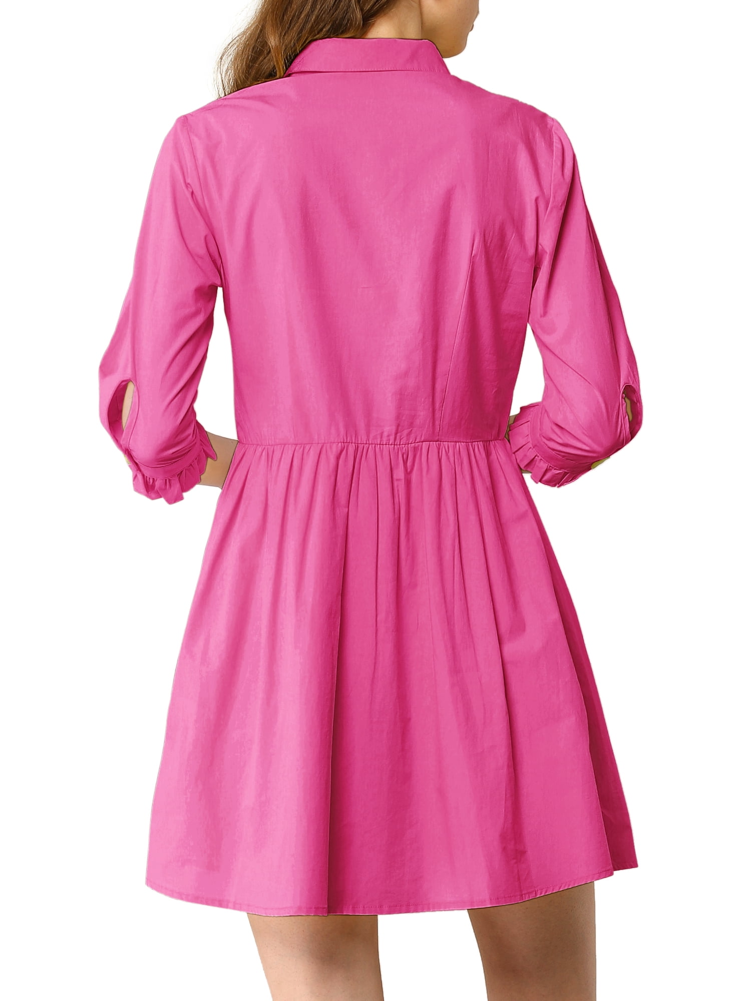 DARING DIVA Elegant Collar Flare 3/4 Sleeve Button Mini Shirt Dress L Fuchsia