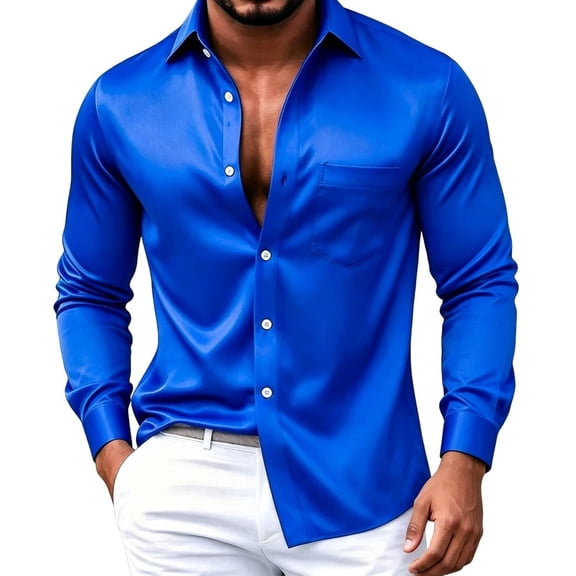 TKKCS Mens Glossy Satin Dress Shirts- Business Casual Button Down Long Sleeve Lightweight Lapel Wedding Shirts with Chest Pocket Blue Size 2XL