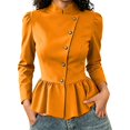 thumbnail image 4 of JIAYUE Women Cardigan Stand Collar Solid Color Long Sleeve Peplum Jacket Button Front Puff Shoulder Tops For Casual Fall Wear, 4 of 9