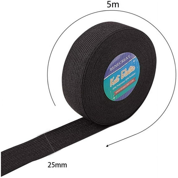 20 Yards 1-Inch Wide Elastic Band Black Heavy Stretch High Elasticity Knit (5 Yards/Roll)