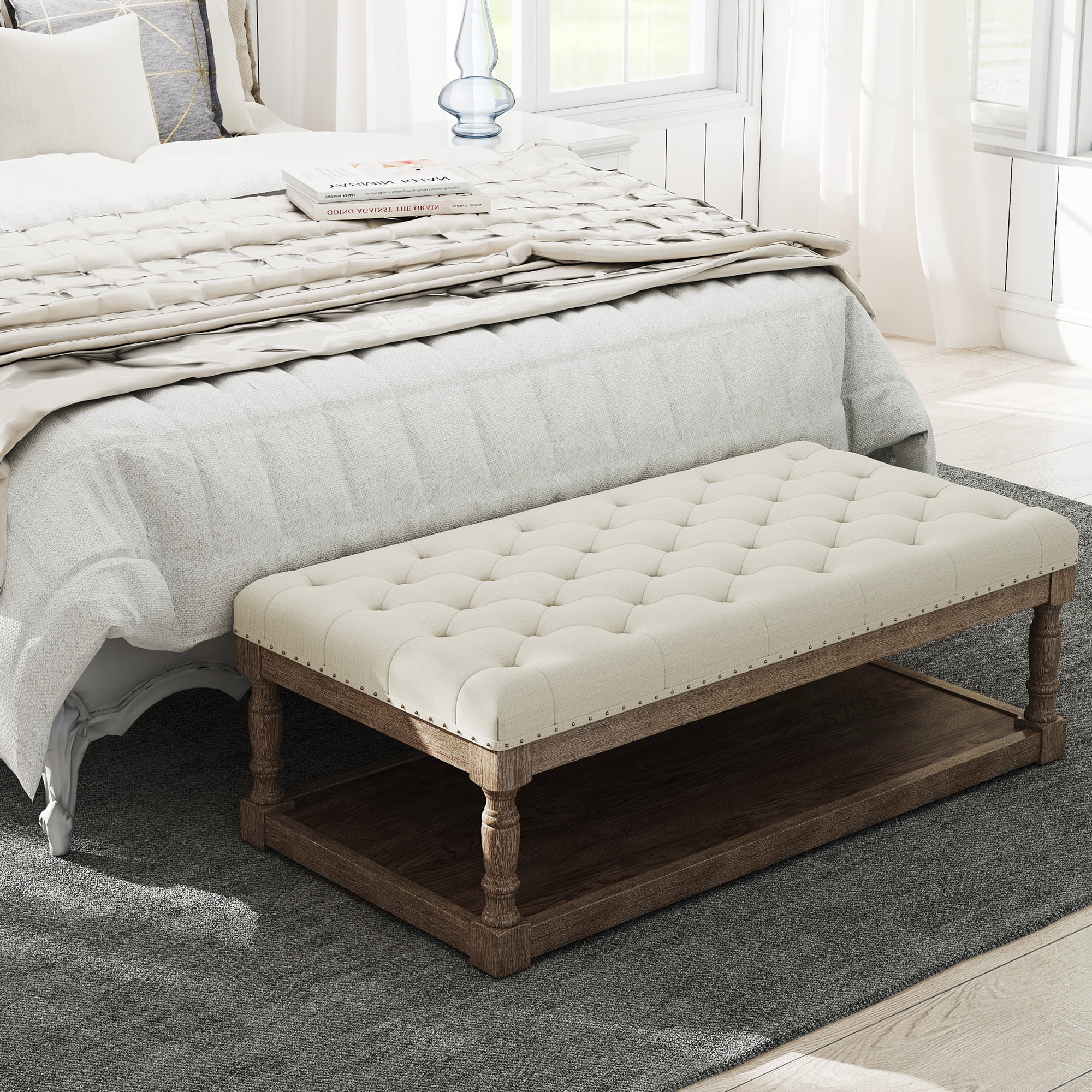 Rectangular Upholstered Tufted Linen Fabric Ottoman Bench,Padded Bench with Solid Wood Shelf-Linen,Comes with Storage,Coffee Table,Tufted Living Room Design