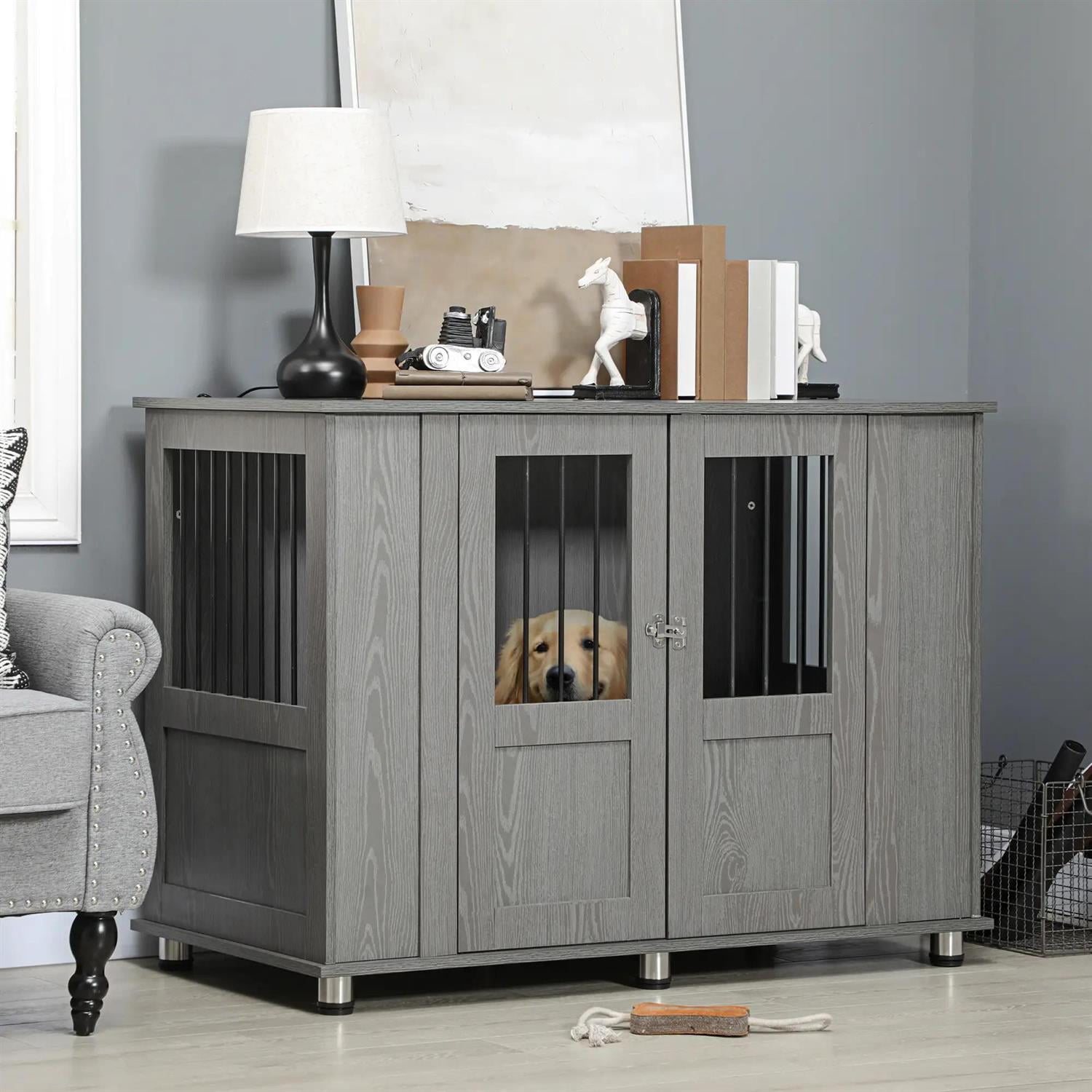 Pefilos 45" Dog Crate Furniture with Lockable Magnetic Doors, Wooden Kennel Table, Indoor Dog House for Medium Dogs, Gray