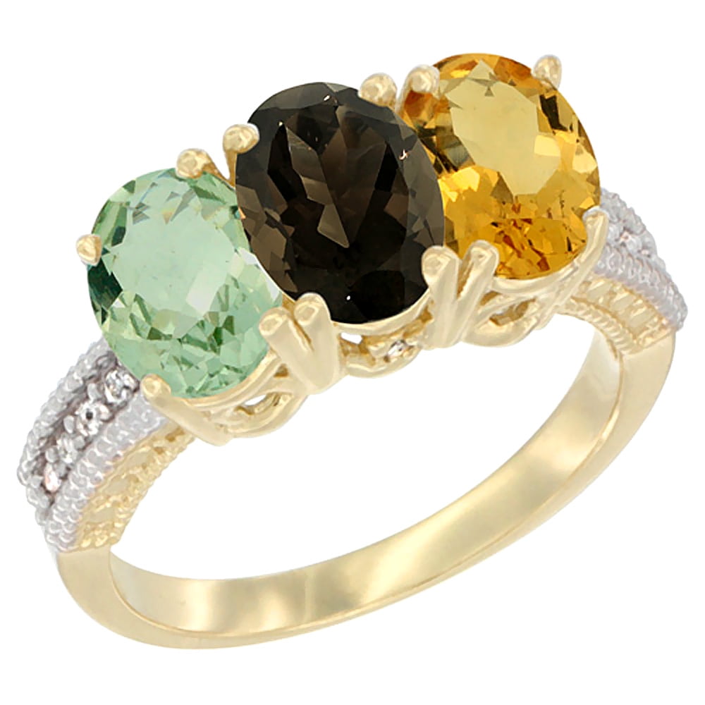 10K Yellow Gold Diamond Natural Green Amethyst, Smoky Topaz & Citrine Ring Oval 3-Stone 7x5 mm,sizes 5-10 by WorldJewels