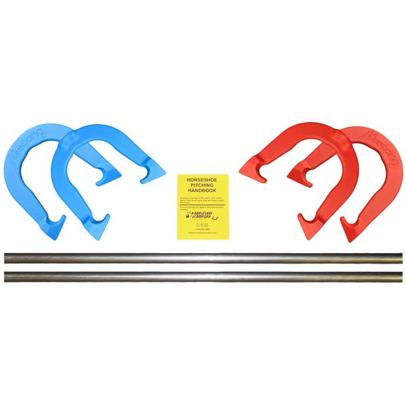 Mustang Professional Pitching Horseshoes Game Set, 4 Horseshoes (Red/Blue) & Stakes- Made in the USA