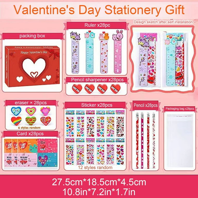 28pcs Valentines Themed Notepad, Pencil and Eraser Set for Kids