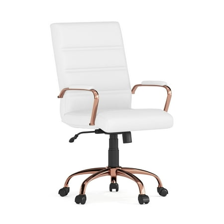 Flash Furniture Whitney Mid-Back Swivel LeatherSoft Desk Chair with Armrests White/Rose Gold