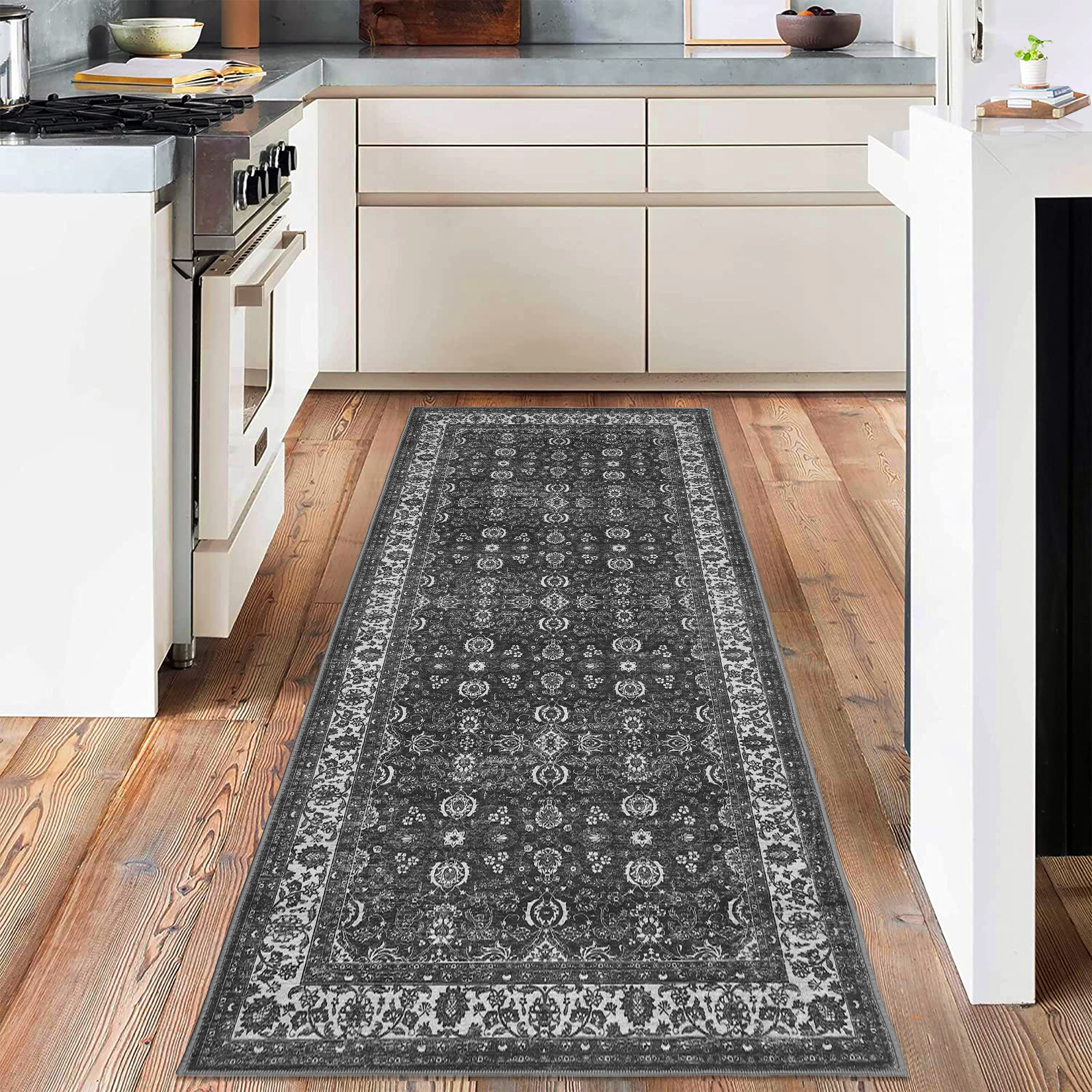 2x6 Runner Rug Vintage Floral Machine Washable Rugs, Non-Slip Vintage Boho Ultra-Thin Throw Carpet for Hallway Entryway Black