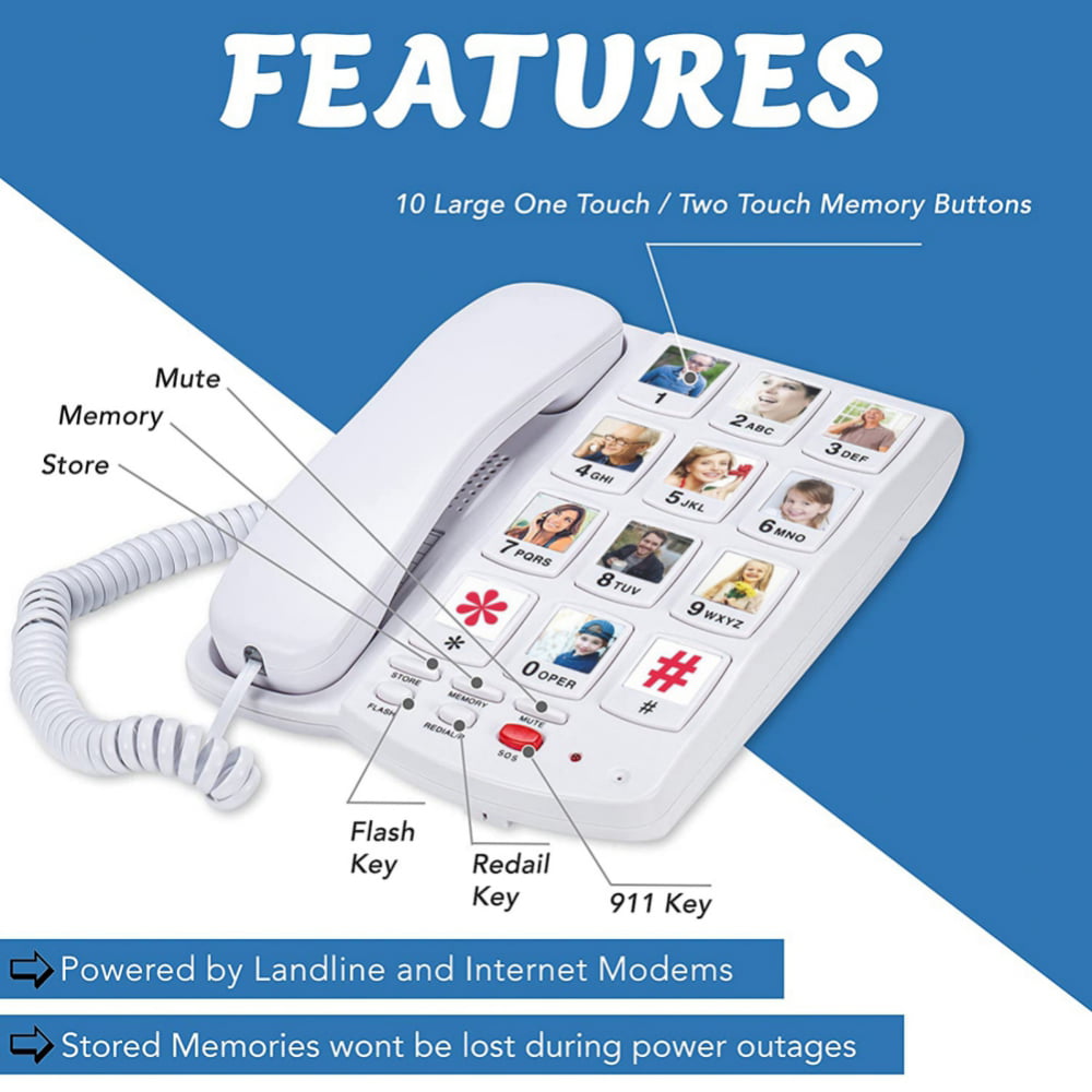 Big Button Phone for Seniors Home, 10 Pictured Big Buttons,Wired Simple  Basic Landline Telephone for Visually Impaired Old People with Large Easy  