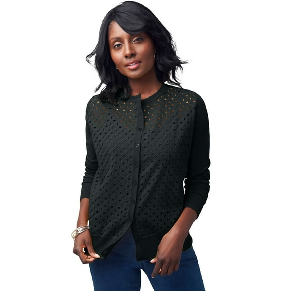 Jessica London Women's Plus Size Fine Gauge Eyelet Cardigan