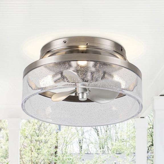 Whose Lamp 13" Modern Nickel Caged Flush Mount Ceiling Fan with Light and Remote