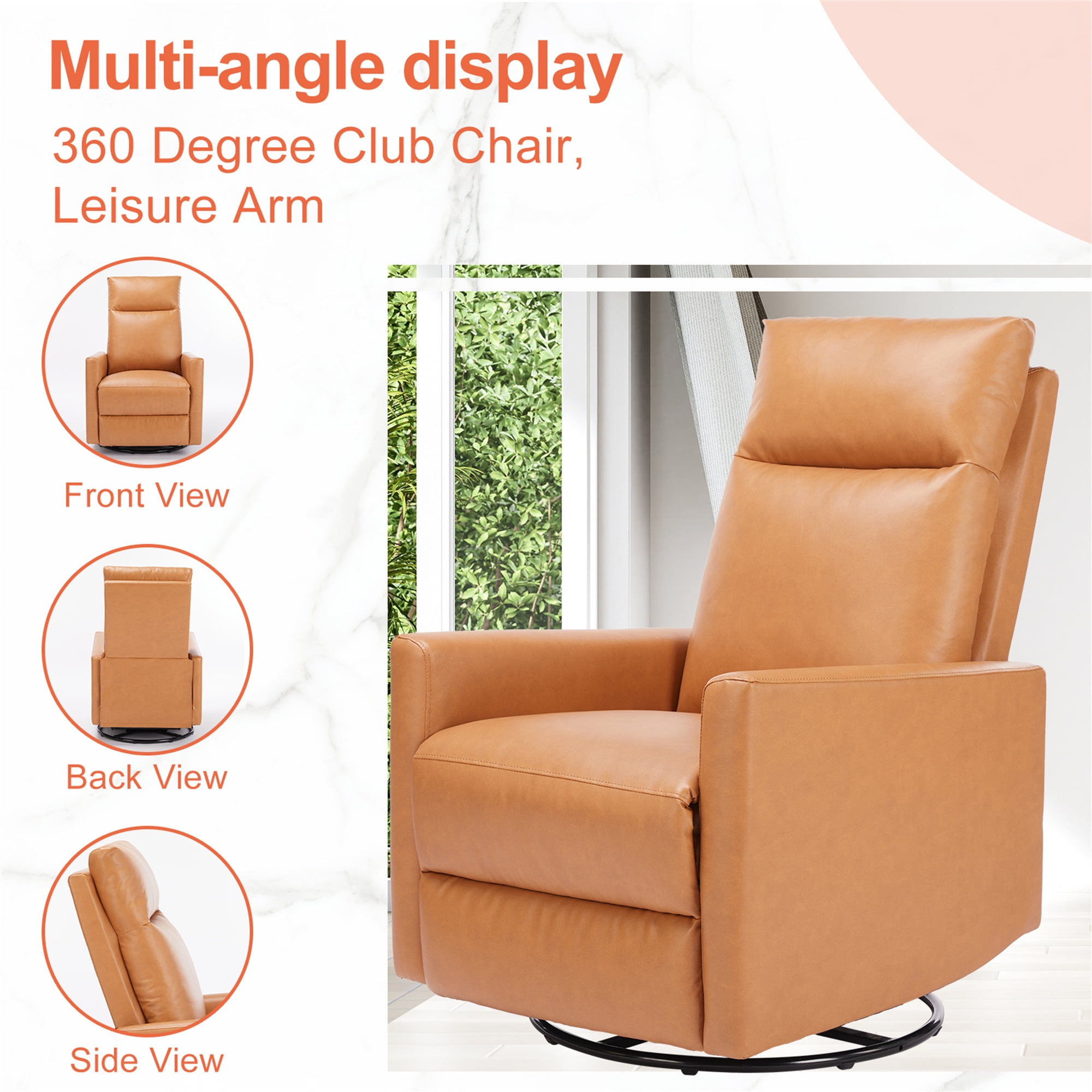 Aukfa 360 Degree Swivel Rocker Recliner Glider Chair for Adults, Living Room, Leather, Brown