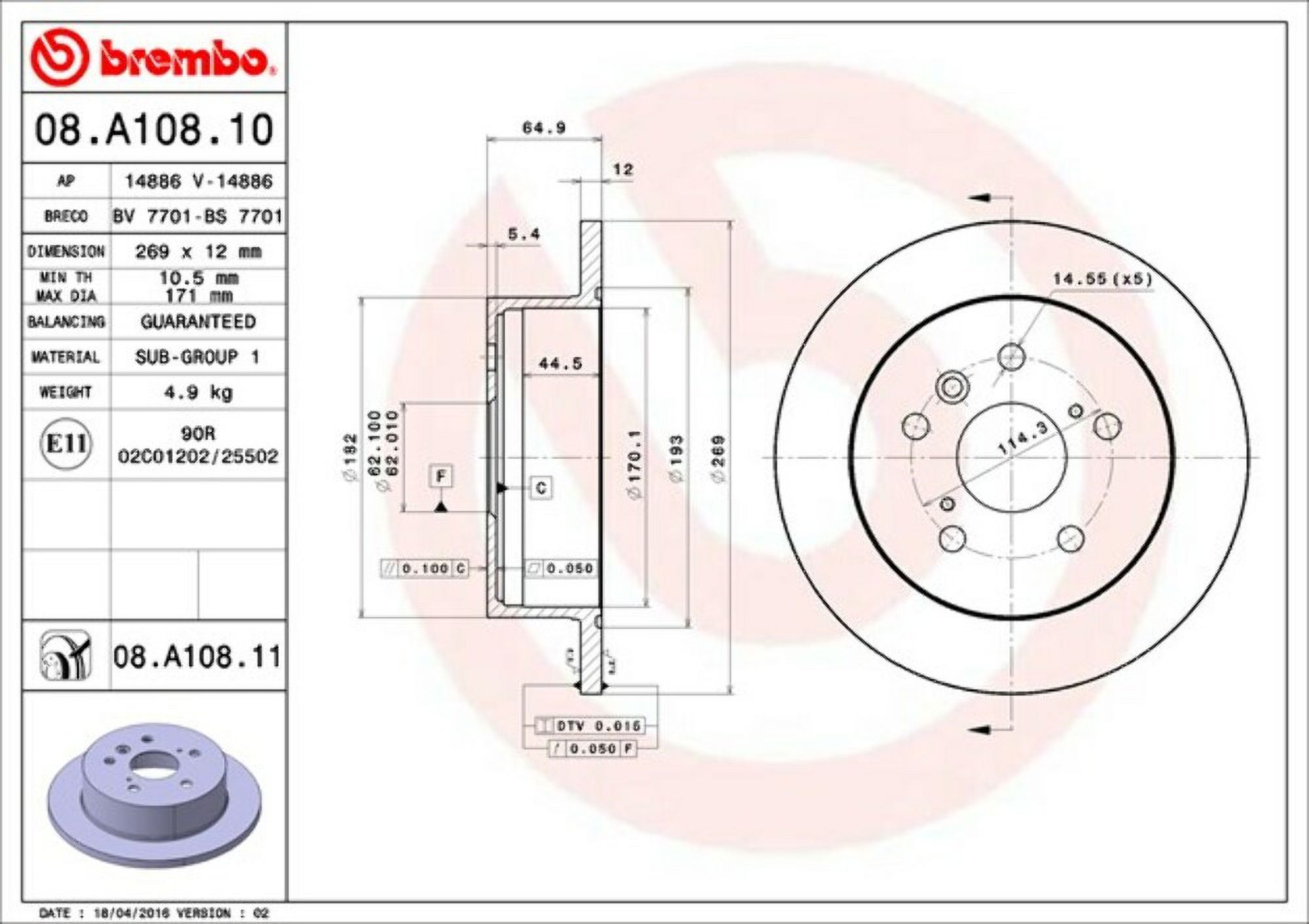 Brembo 08.A108.11 Premium UV Coated OE Equivalent Rotor