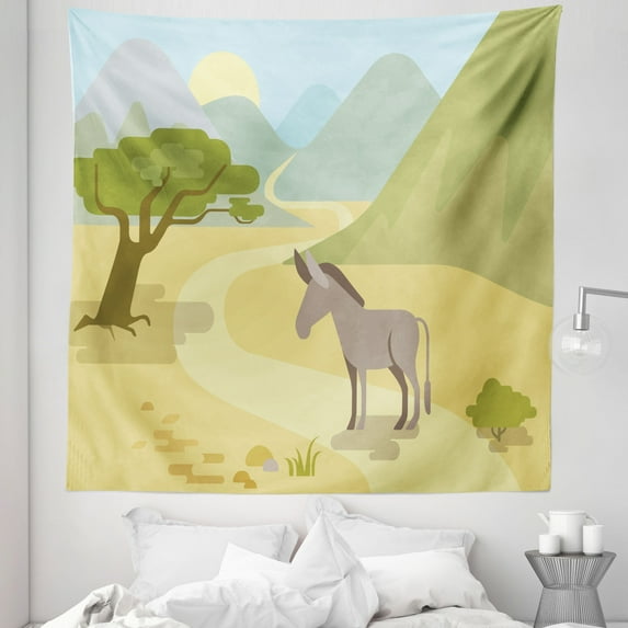 Donkey Tapestry, Flat Design Habitat with a Donkey in the Mountains Wildlife Zoo Animals Cartoon, Fabric Wall Hanging Decor for Bedroom Living Room Dorm, 5 Sizes, Multicolor, by Ambesonne