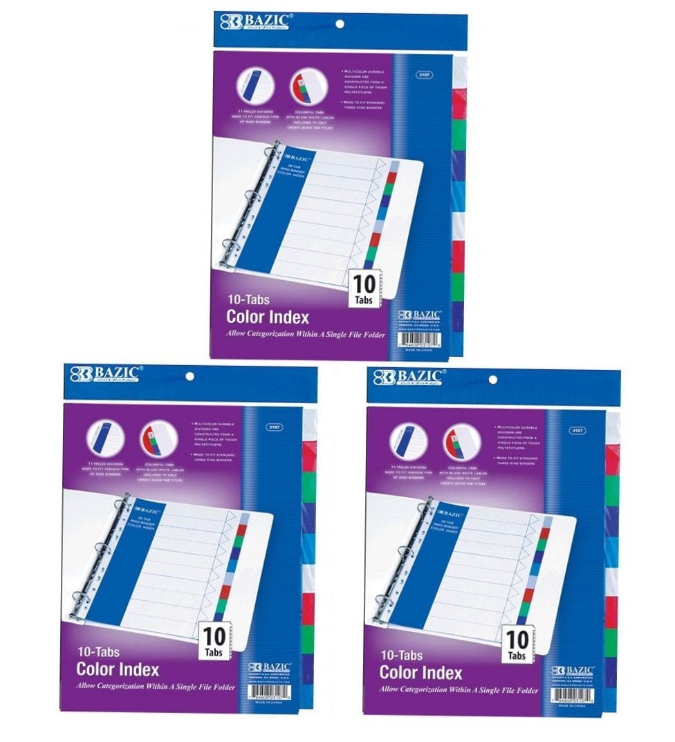3 Pk, Bazic 3ring Binder Dividers with 10 Color Tabs