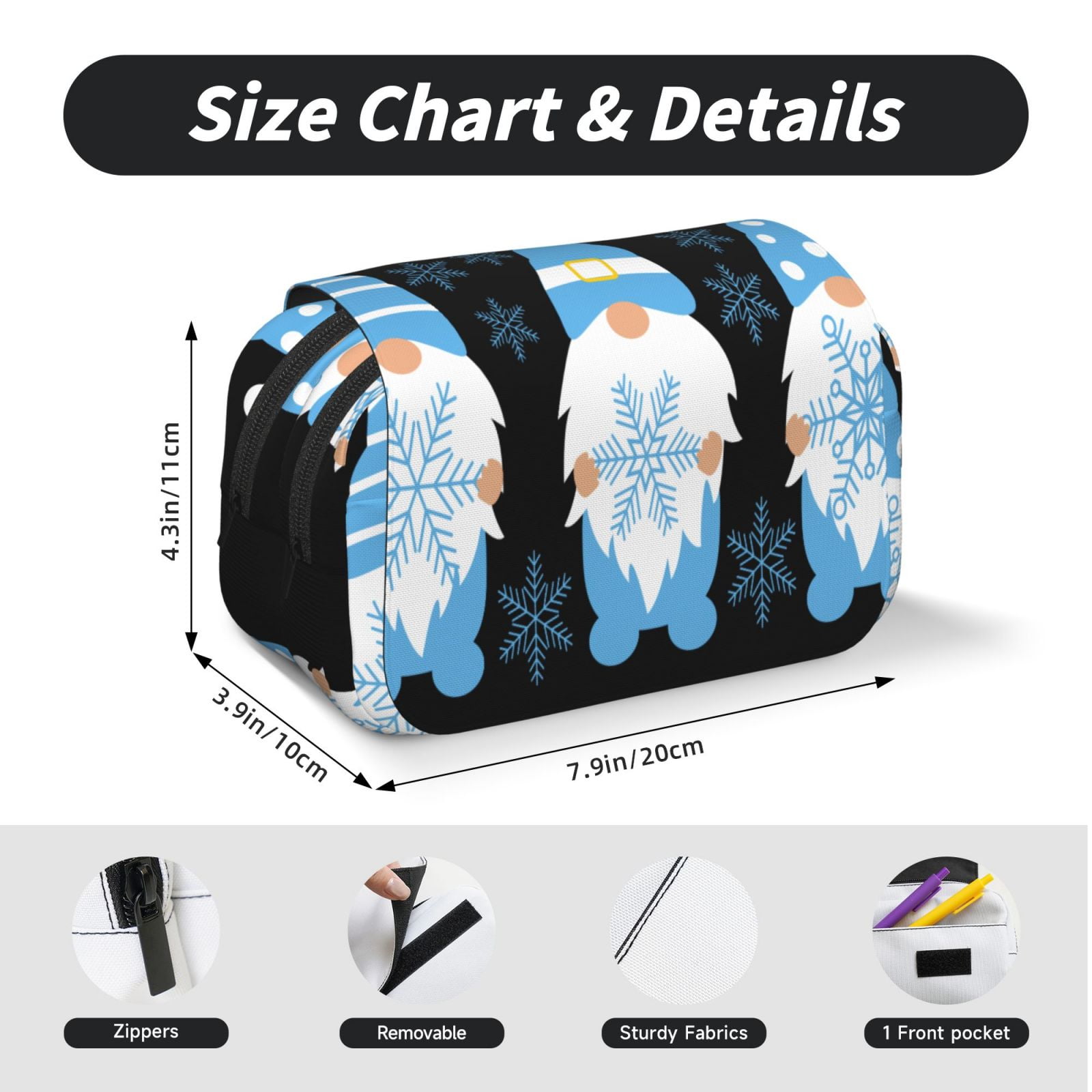 Rateoe Christmas Gnome Snowflake Pattern Double Clamshell Pen Case, Storage Organizer with Two Zipper Compartments– Holds Up to 50 Pencils & Pens