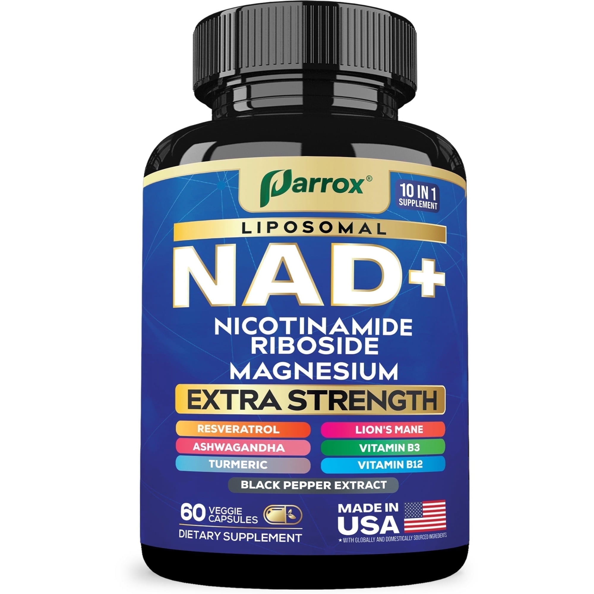 Parrox NAD+ Supplement with Vitamin B3 & B12, Magnesium, Resveratrol, Niacinamide, Turmeric, Ashwagandha, Lion’s Mane, Black Pepper Extract, Liposomal NAD, 10-in-1 Extra Strength (60 Caps)