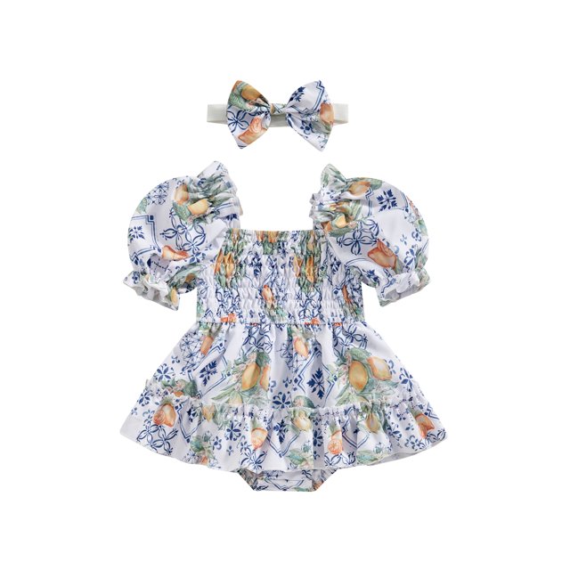 Gupgi Bébé Fille Robe Romper Fruits d'Été à Manches Courtes avec Bandeau