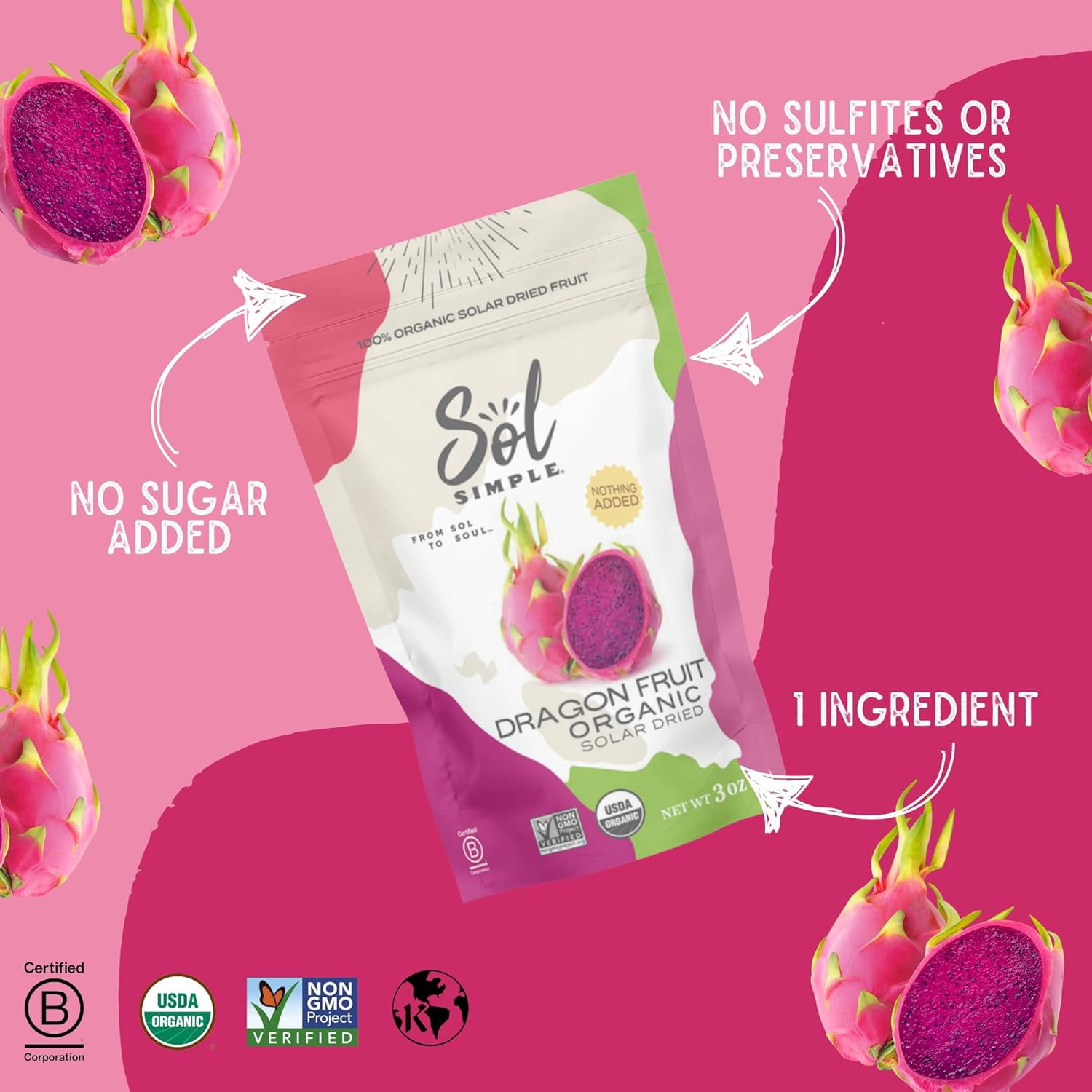 (Pack Of 6) Sol Simple Fruit Dragon Dried Organic 3 Oz
