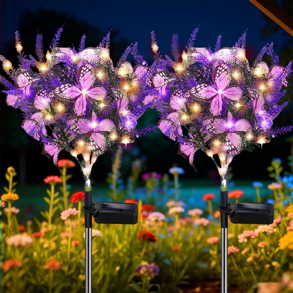 Rirool Solar Lavender Butterfly Lights Outdoor 2 Pack, Warm White LED Garden Lights Waterproof with Auto On/Off, Decorative Solar Flower Lights for Yard Patio Pathway Lawn, Gifts for Women