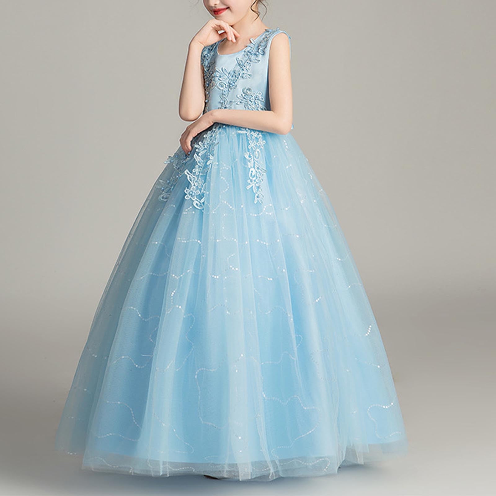 ATOGUTA Size 4T-14 Dress for Little Girls Kids Tulle Wedding Guest Party Birthday Bridesmaid Communion Pageant Prom Ball Gown Light Blue