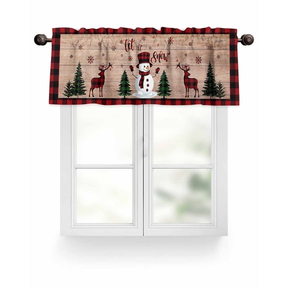 Red Black Plaid Christmas Kitchen Valances for Windows Snowflake Snowman Valance Curtains for Kitchen /Living Room/Bedroom/ Bathroom Decor, 54"x18 " ,Rod Pocket 1 Panel, Vintage Wood Texture