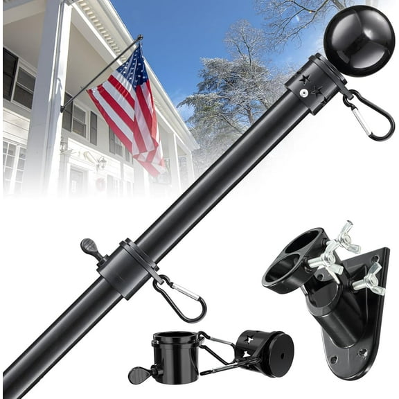 Yeyebest Flag Pole, 5 FT Flag Pole Kit for House, 2 No-Tangle Rings Clips, Flag Holder Bracket, Stainless Steel, Black