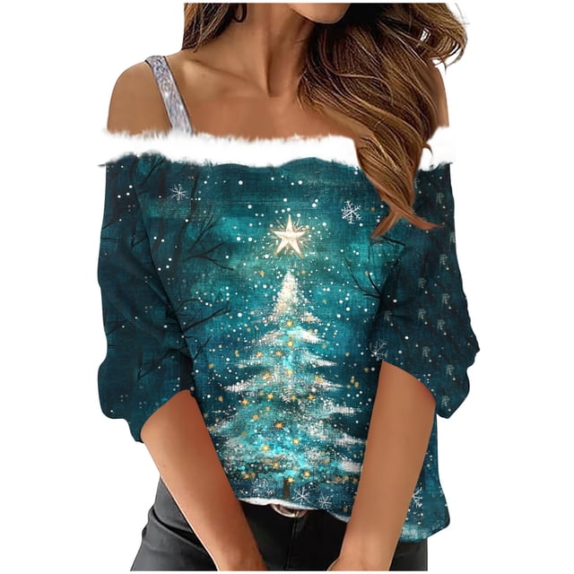 Camiseta Impresa de Hombro Doble, Top de Moda Casual para las Vacaciones Y el Uso Diario