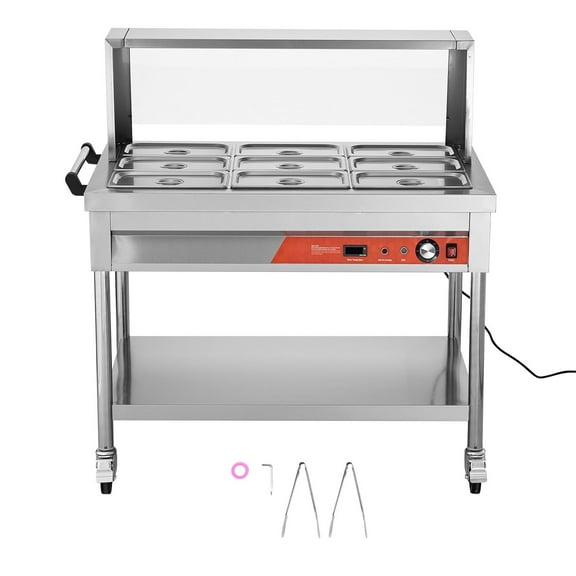 KFFKFF Commercial Food Heating Unit, Electric Steam Table with 9 x 1/3 Pans, 1500W, Professional Catering Food Heater with Protective Shield, Undershelf Wheels, and Stainless Steel Structure