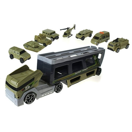 Special Forces War Simulation Toy Military Vehicle Playset w/ Trailer Truck, Rotating Trailer, Ramp, Car Compartments, 6 Cars, Helicopter, &