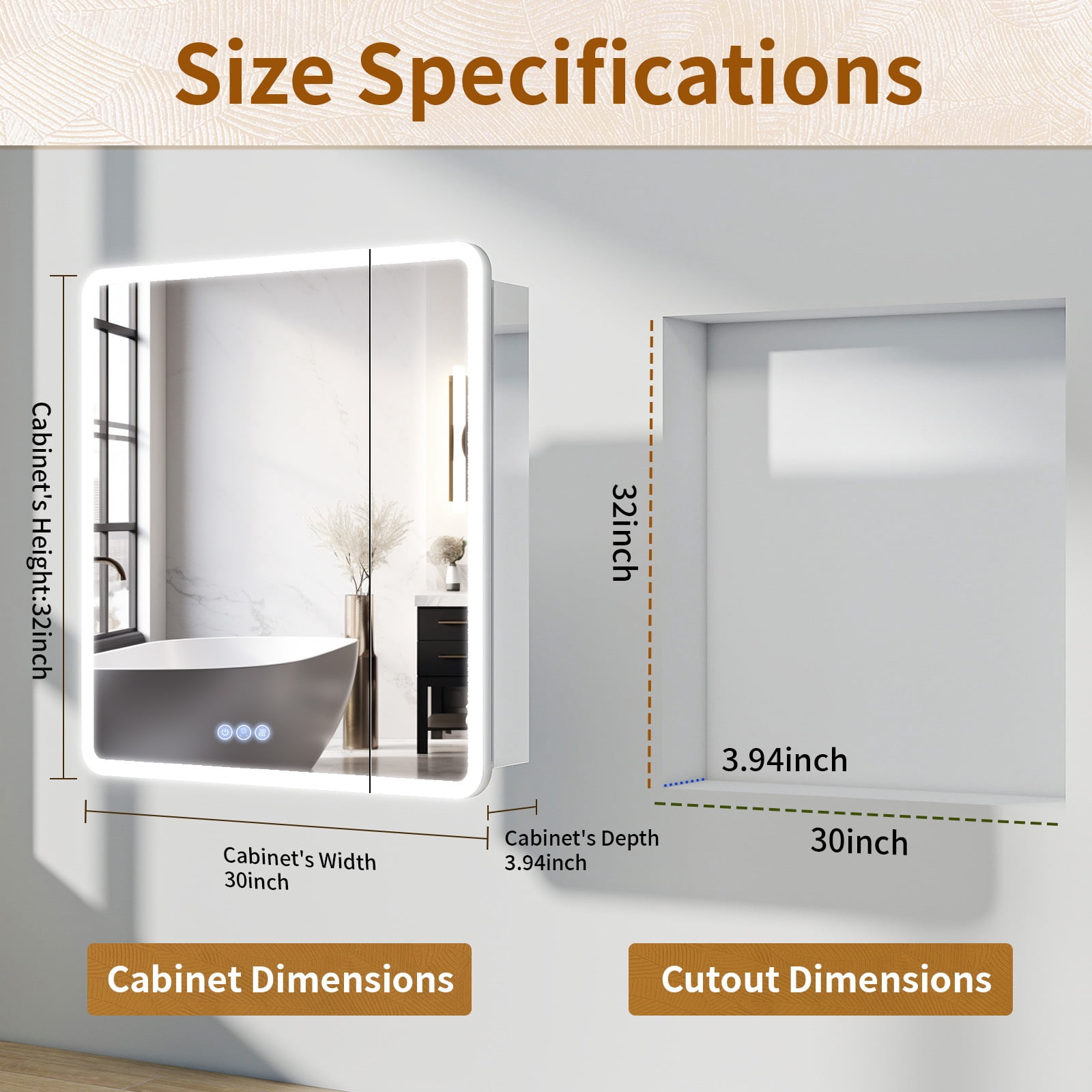 BEAUTYPEAK 30" x 32" Bathroom LED Mirror Medicine Cabinet with Storage Adjustable 3 Color Temperature