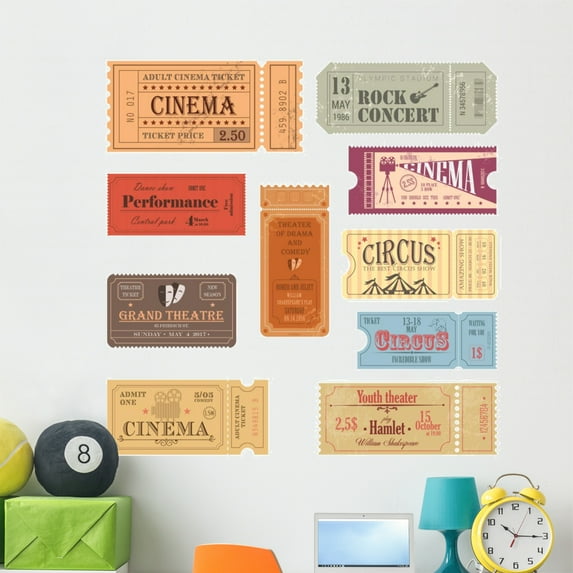 Retro Showtime Movie Tickets Wall Decal Sticker Set Wallmonkeys Peel and Stick Graphic (48 in H x 48 in W) WM502709