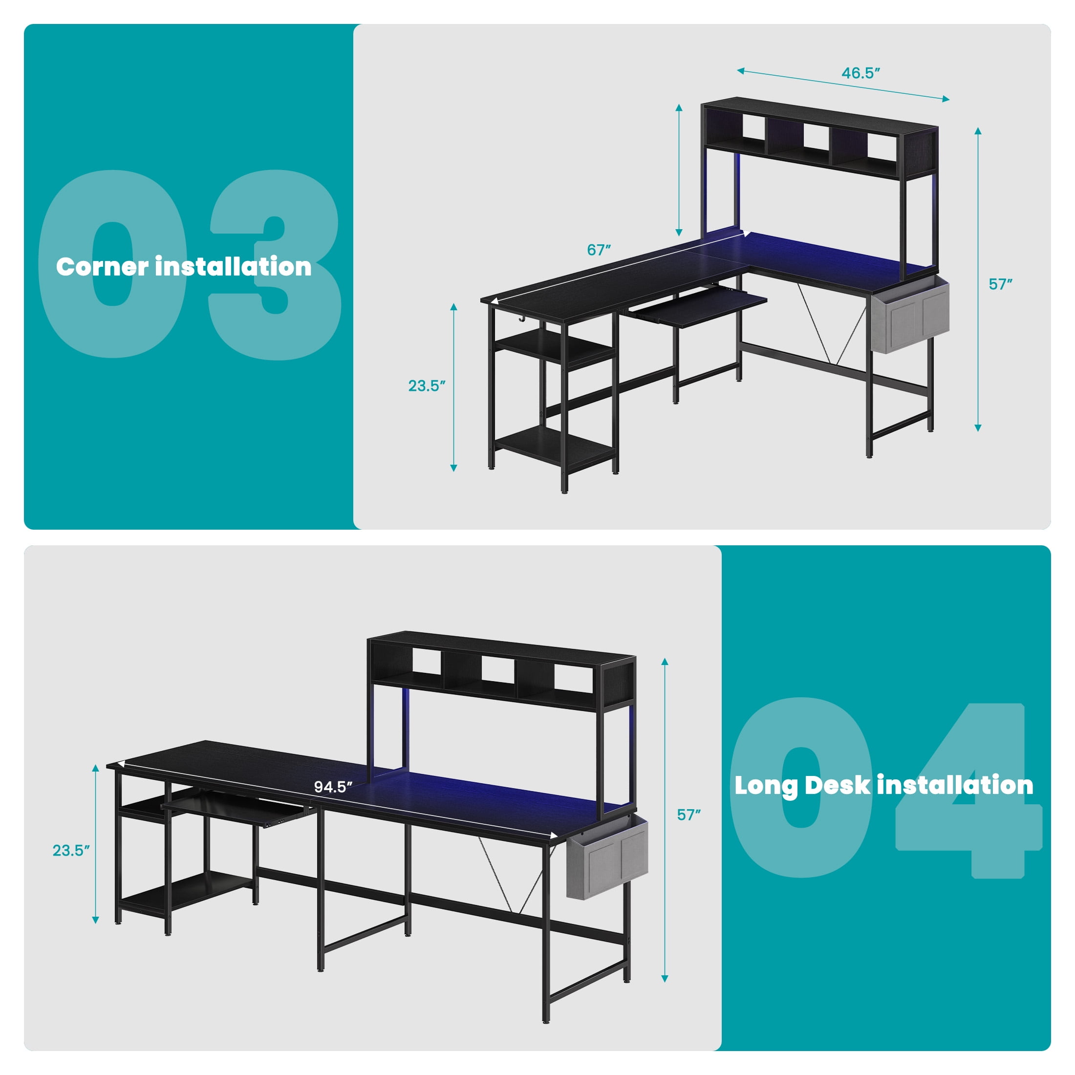 EDX 67'' L Shaped Computer Desk with LED Light, Shelf & Storage Bag & Keyboard Tray Corner Desk, Black