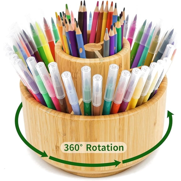 Bamboo 360° Rotating Pen Holder Organizer, Desktop Art Supply Storage